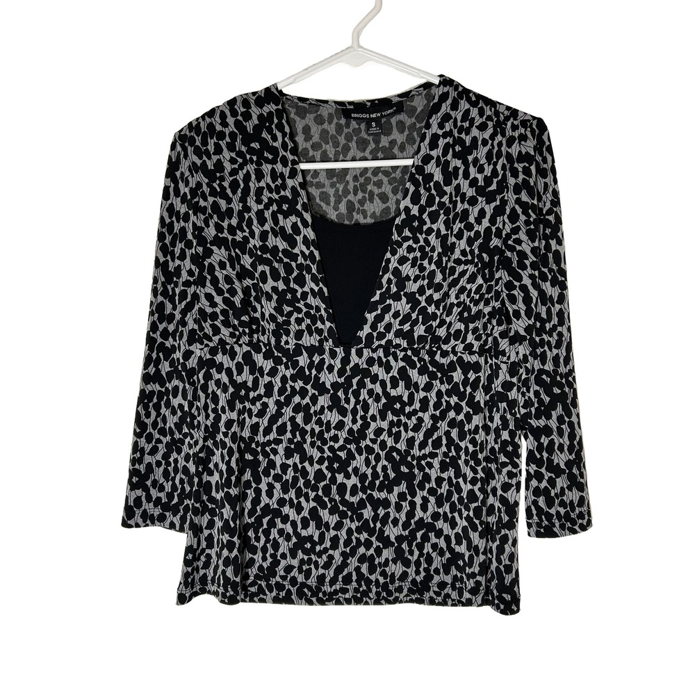 Briggs New York Womens Black Grey Abstract Print Faux Wrap V-Neck Top Size S